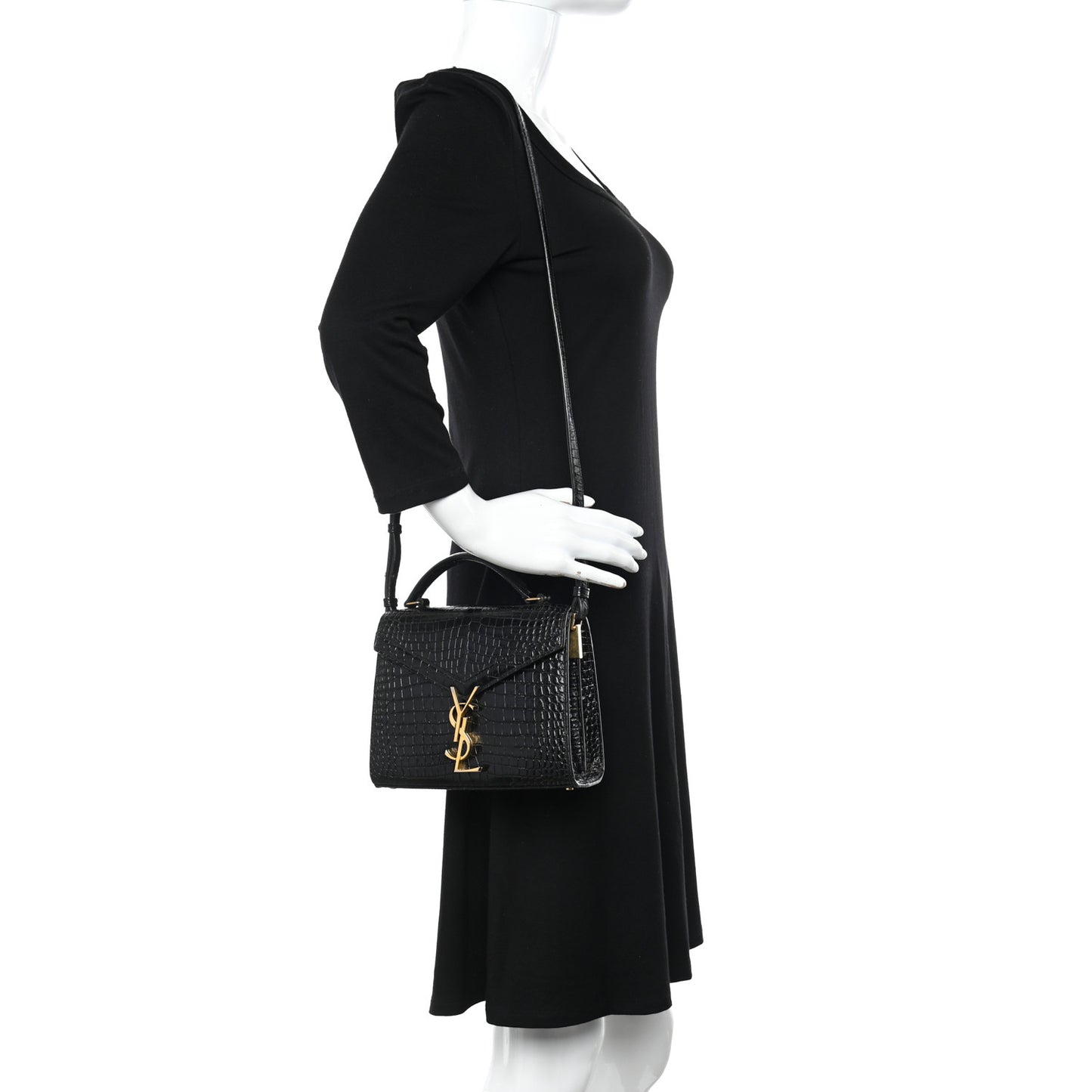 Calfskin Crocodile Embossed Mini Classic Monogram Cassandra Top Handle Black