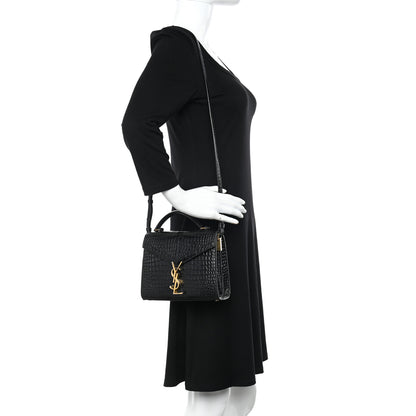 Saint Laurent Calfskin Crocodile Embossed Mini Classic Monogram Cassandra Top Handle Black 2 of 12
