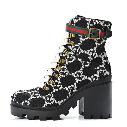 Gucci Tweed GG Monogram Lace Up Combat Ankle Boots 40 Black 1 of 10