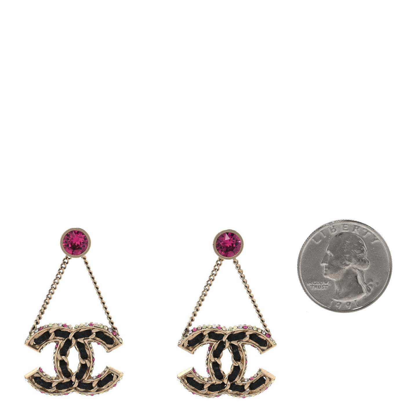 Metal Lambskin Crystal CC Chain Drop Earrings Black Gold Pink Multicolor