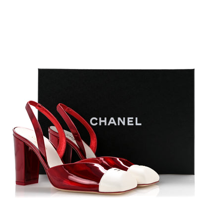Chanel Laminated Calfskin Lambskin Cap Toe CC Slingback Pumps 36.5 Red Ivory 10 of 10