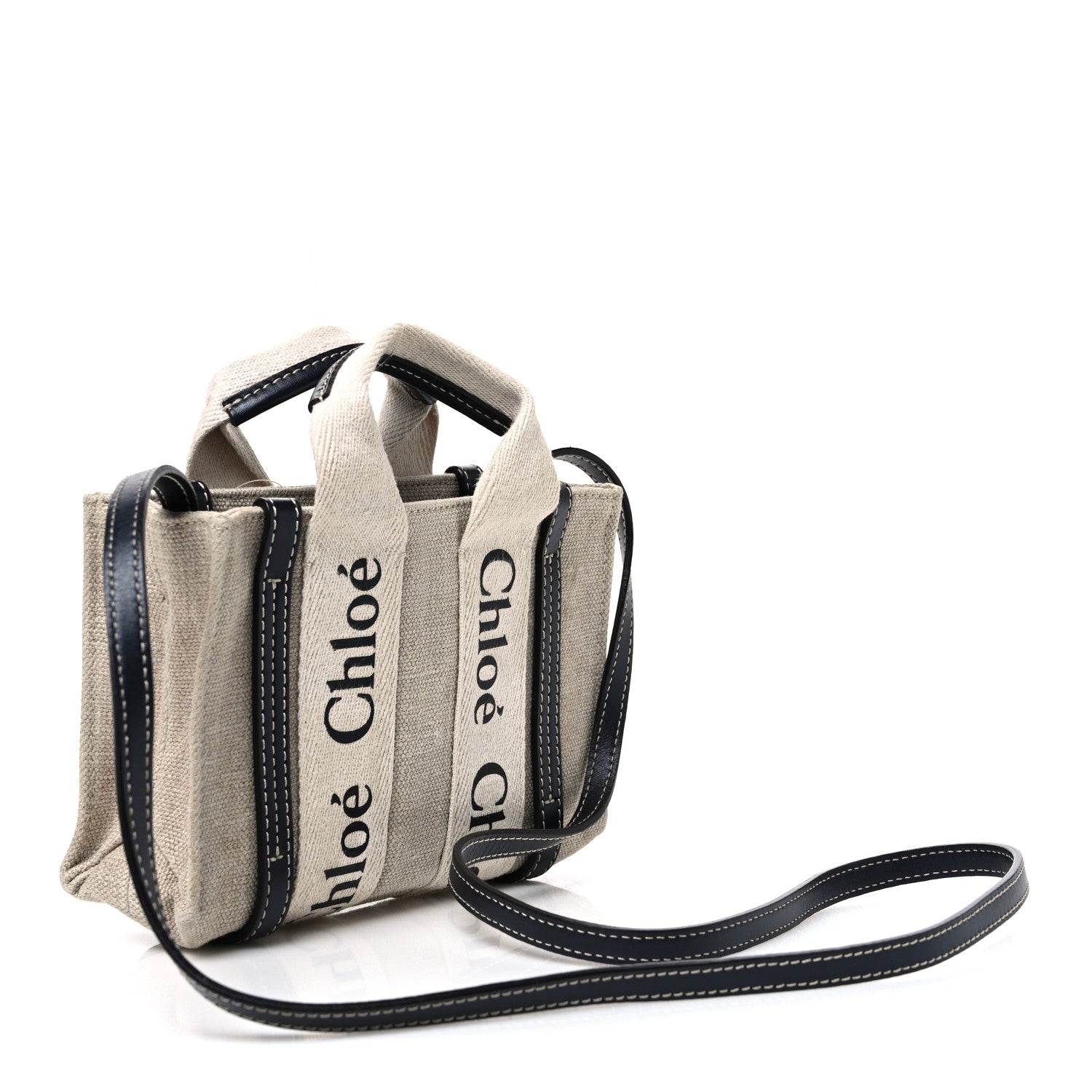 Chloe Linen Calfskin Mini Woody Ribbon Tote White Navy 3 of 10