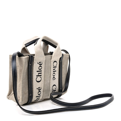 Chloe Linen Calfskin Mini Woody Ribbon Tote White Navy 3 of 10