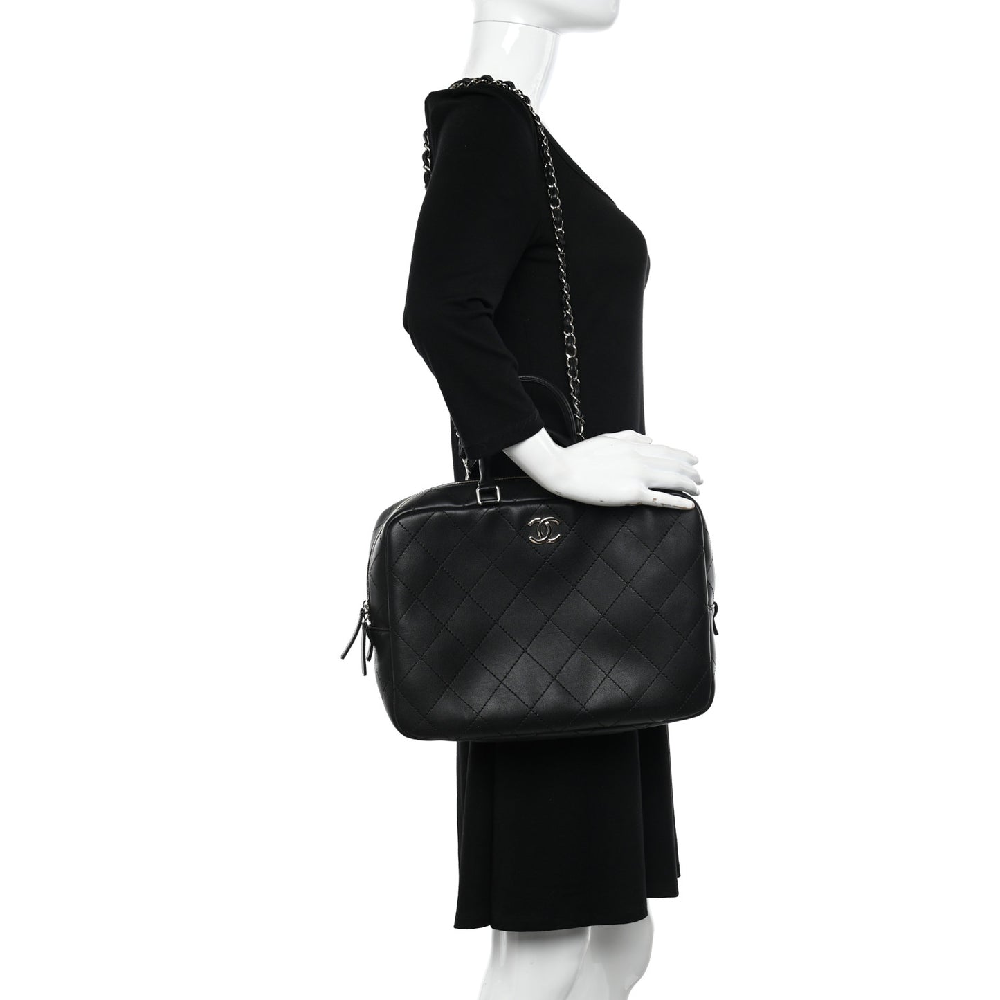 Calfskin Diamond Stitched Top Handle Bowling Bag Black