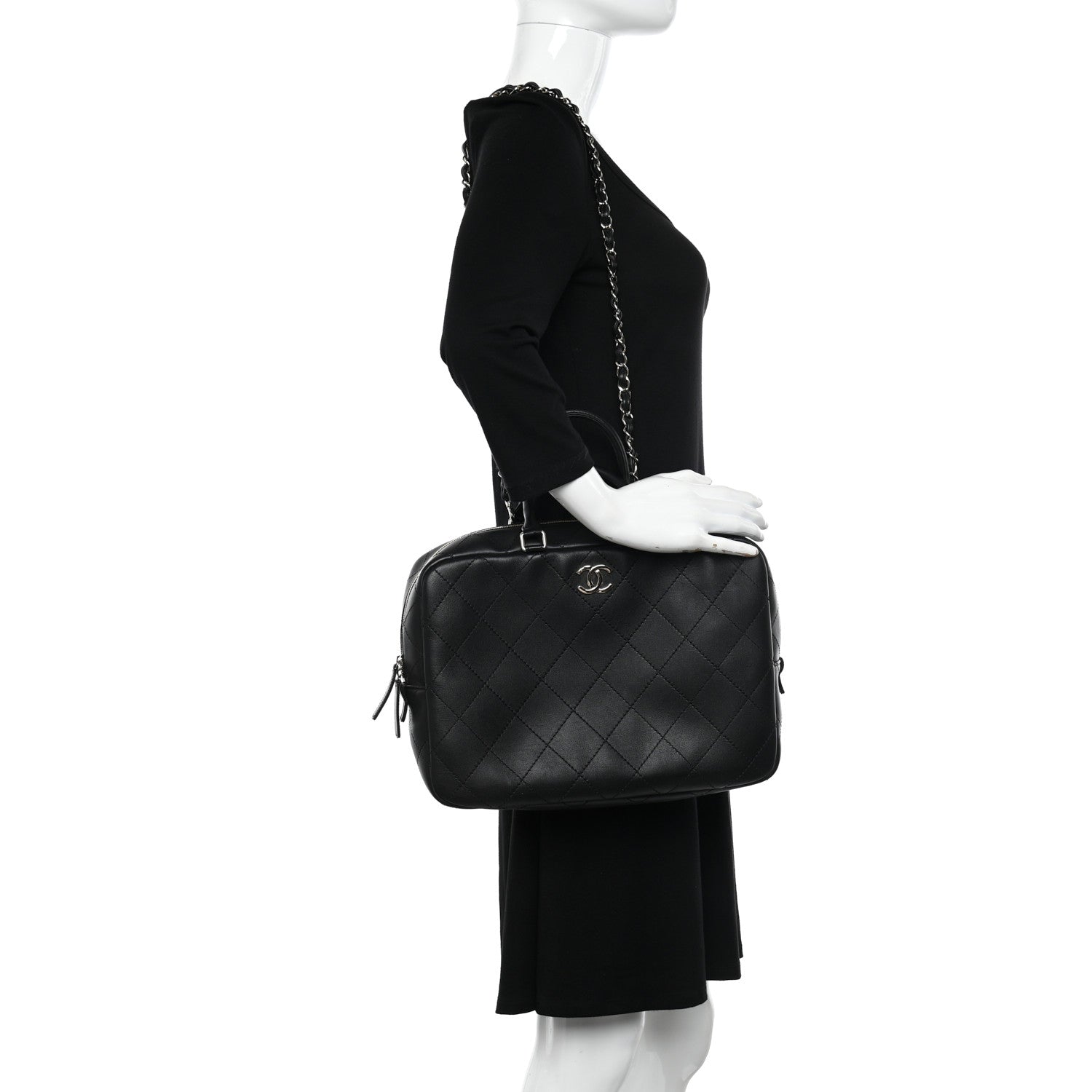 Chanel Calfskin Diamond Stitched Top Handle Bowling Bag Black 2 of 10