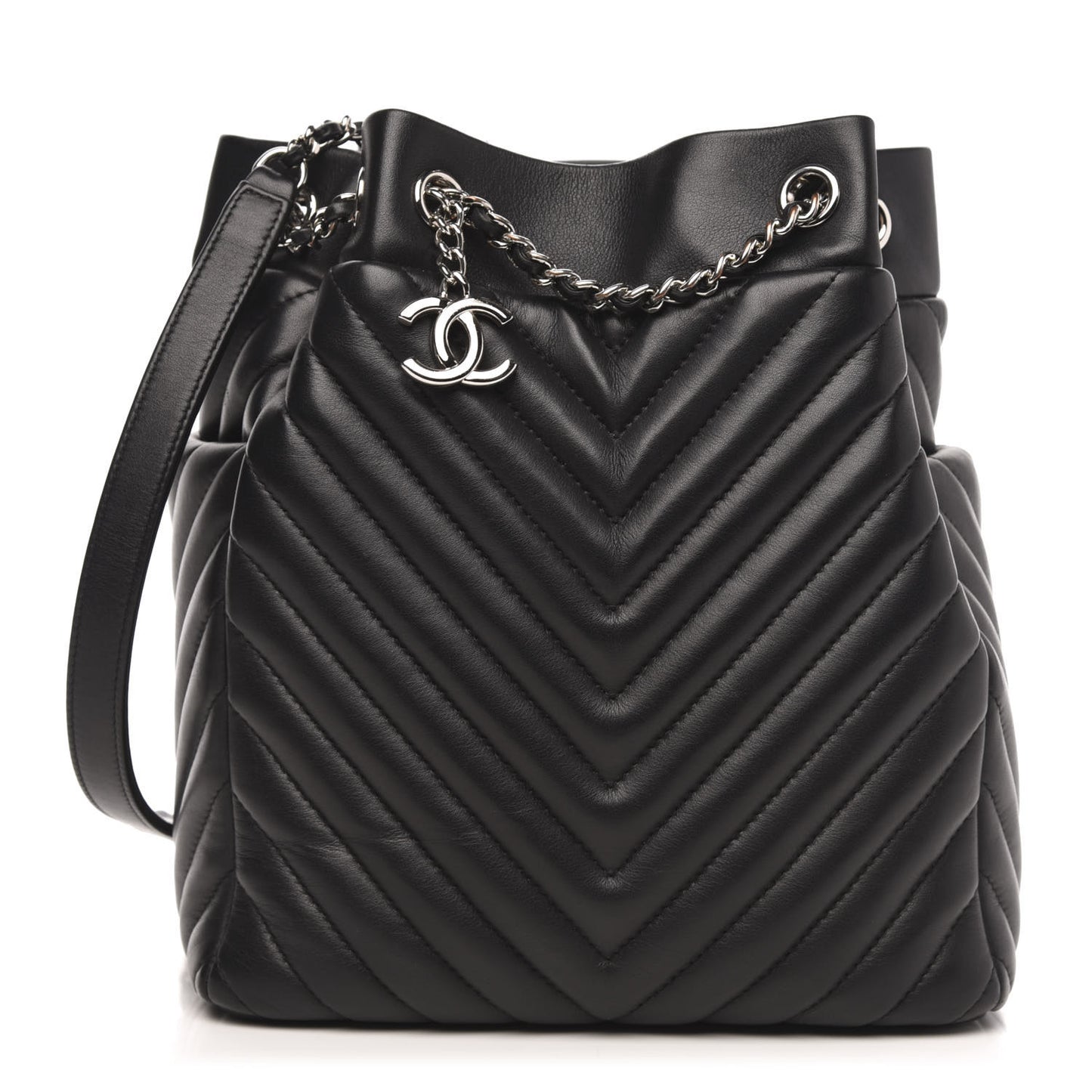 Lambskin Chevron Small Urban Spirit Drawstring Bag Black