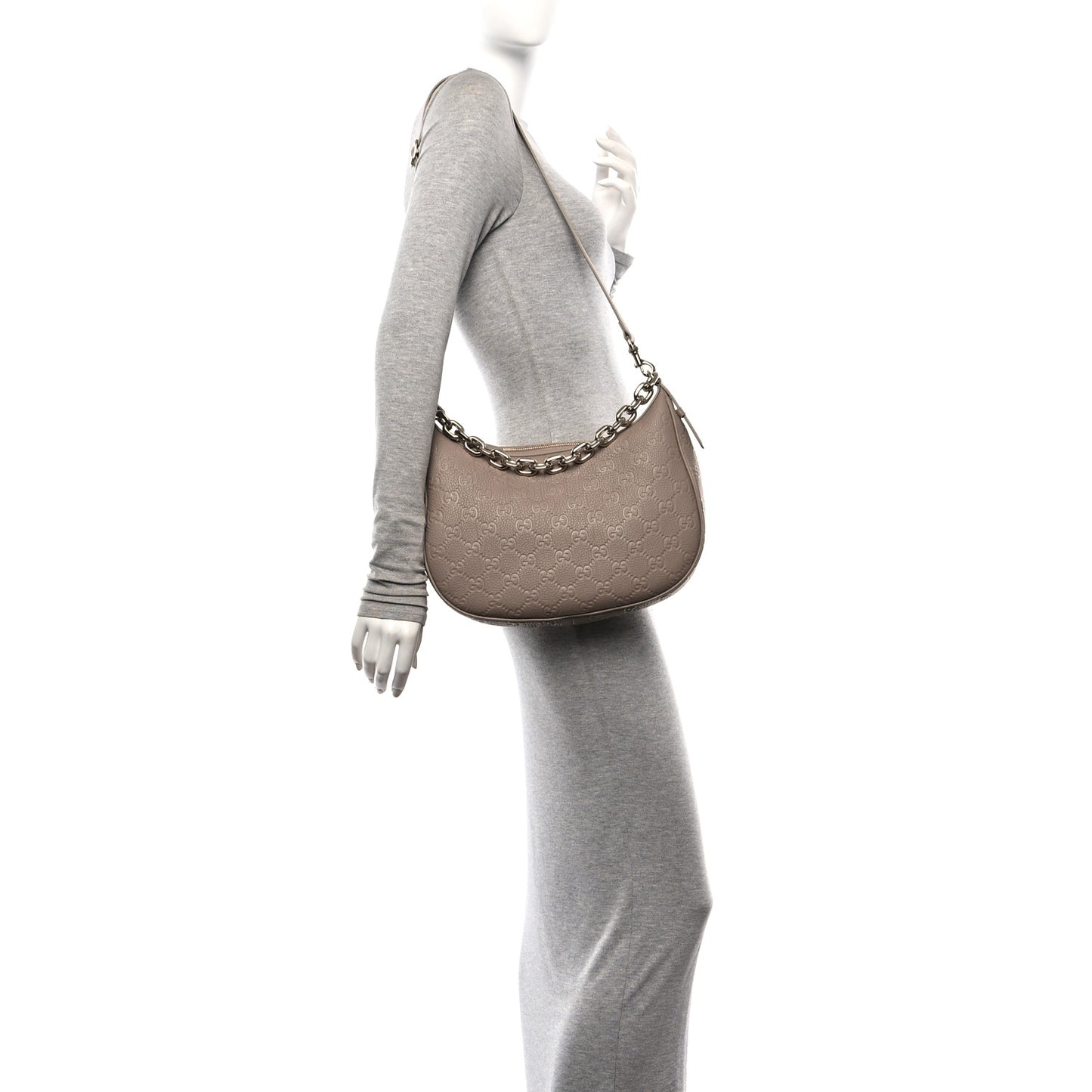 GG Grainy Calfskin Emblem Large Half Moon Shoulder Bag Taupe