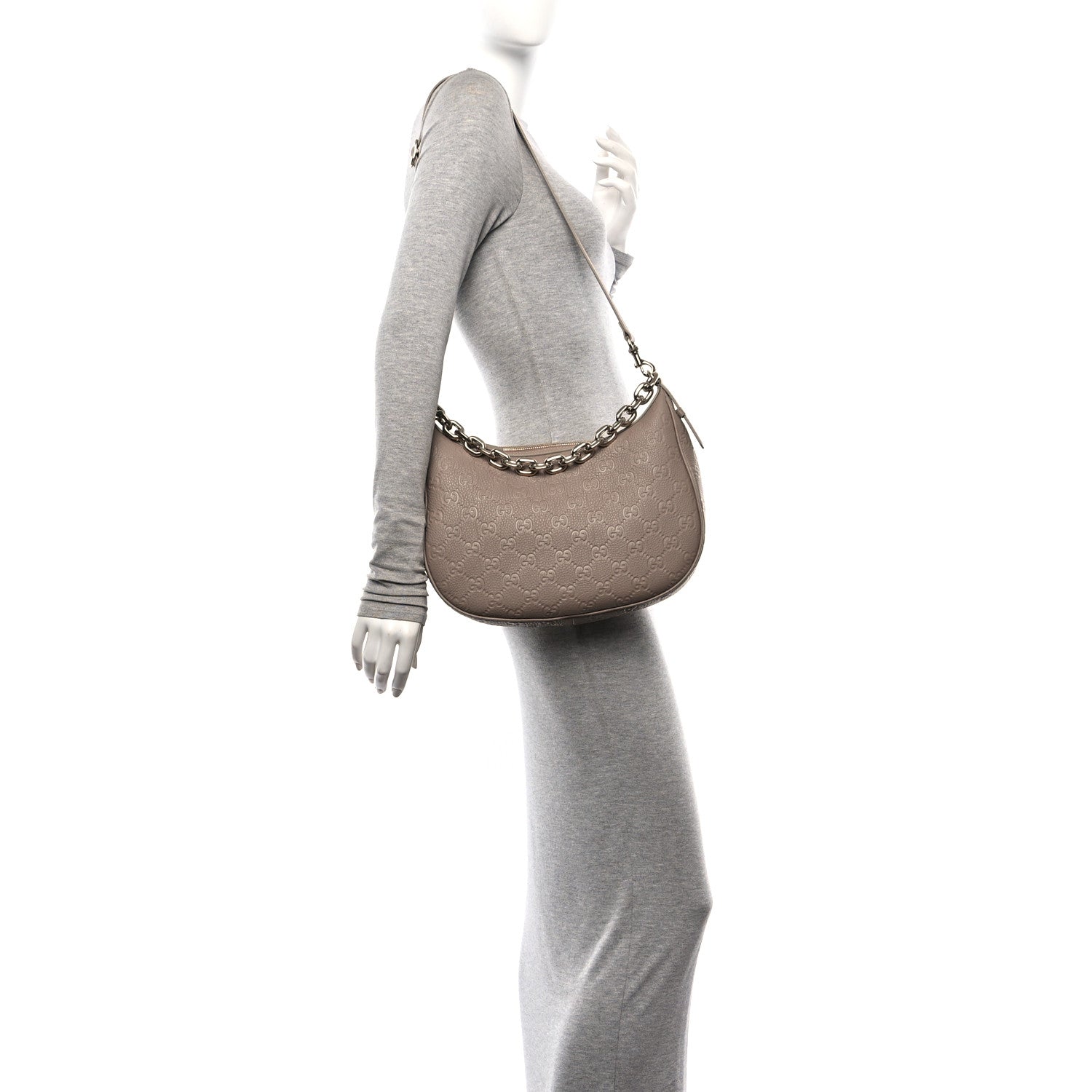 Gucci GG Grainy Calfskin Emblem Large Half Moon Shoulder Bag Taupe 2 of 10