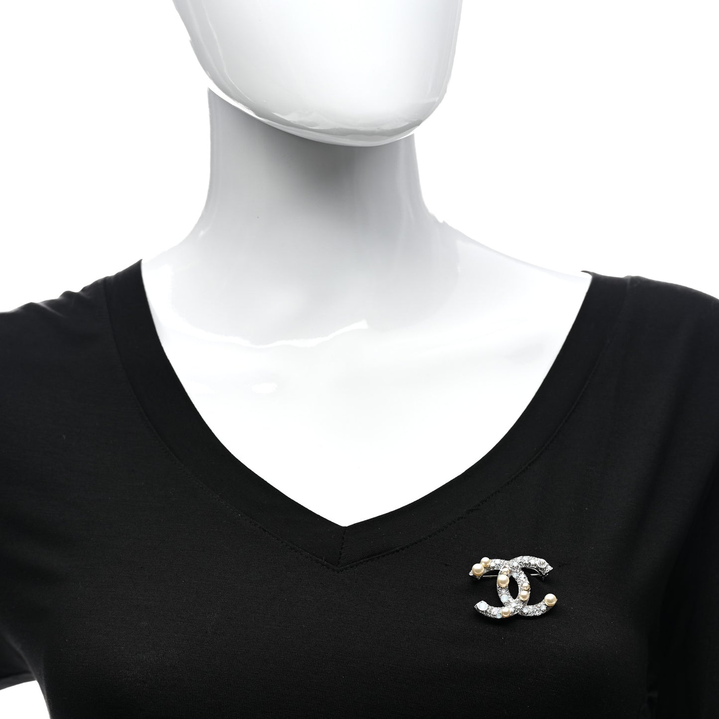 Pearl Crystal CC Mini Brooch Silver