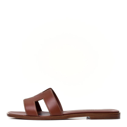 Hermes Box Calfskin Oran Sandals 37.5 Gold 1 of 8