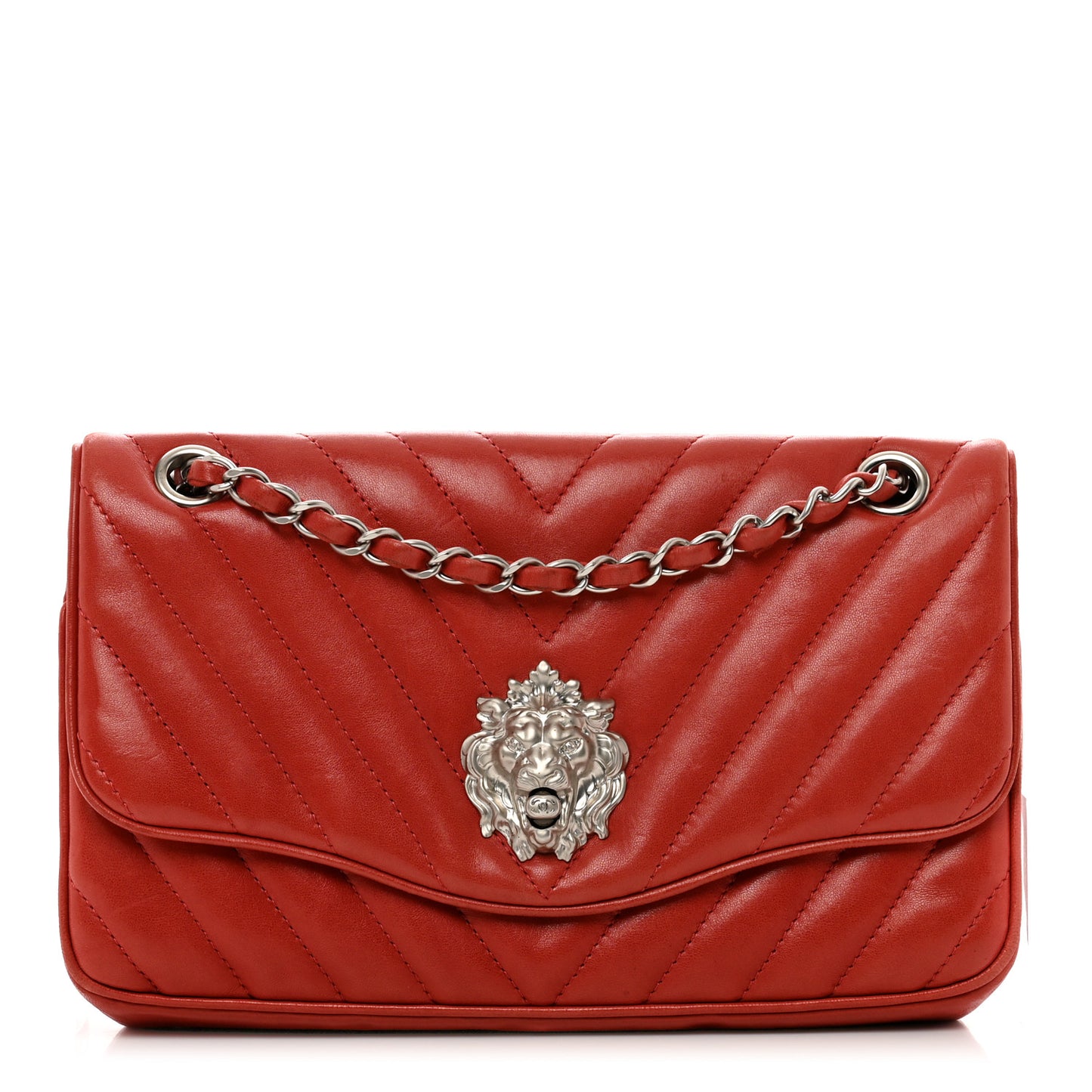 Lambskin Chevron Medium Leo Lion Flap Red