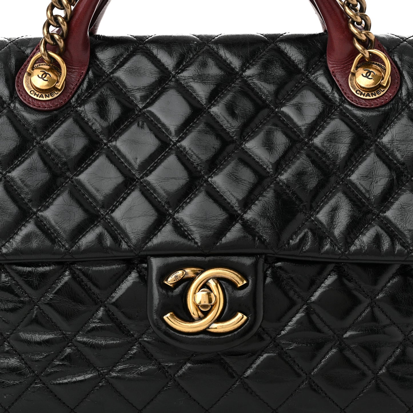 Glazed Calfskin Castle Rock Large Flap Black Burgundy
