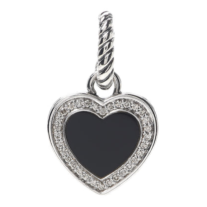 David Yurman Sterling Silver Black Onyx Diamond Cable Heart Charm Pendant 1 of 2