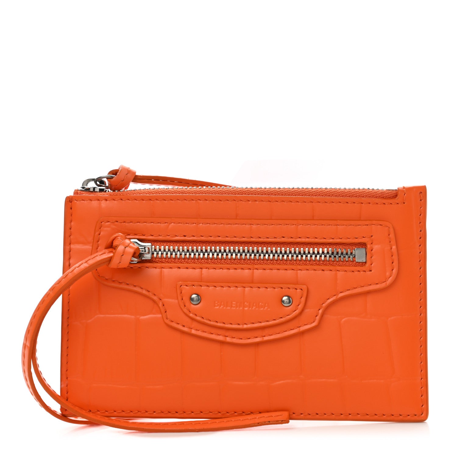 Balenciaga Semi Shiny Calfskin Crocodile Embossed Neo Classic Silver Hardware Long Coin Case Card Holder Orange 1 of 8