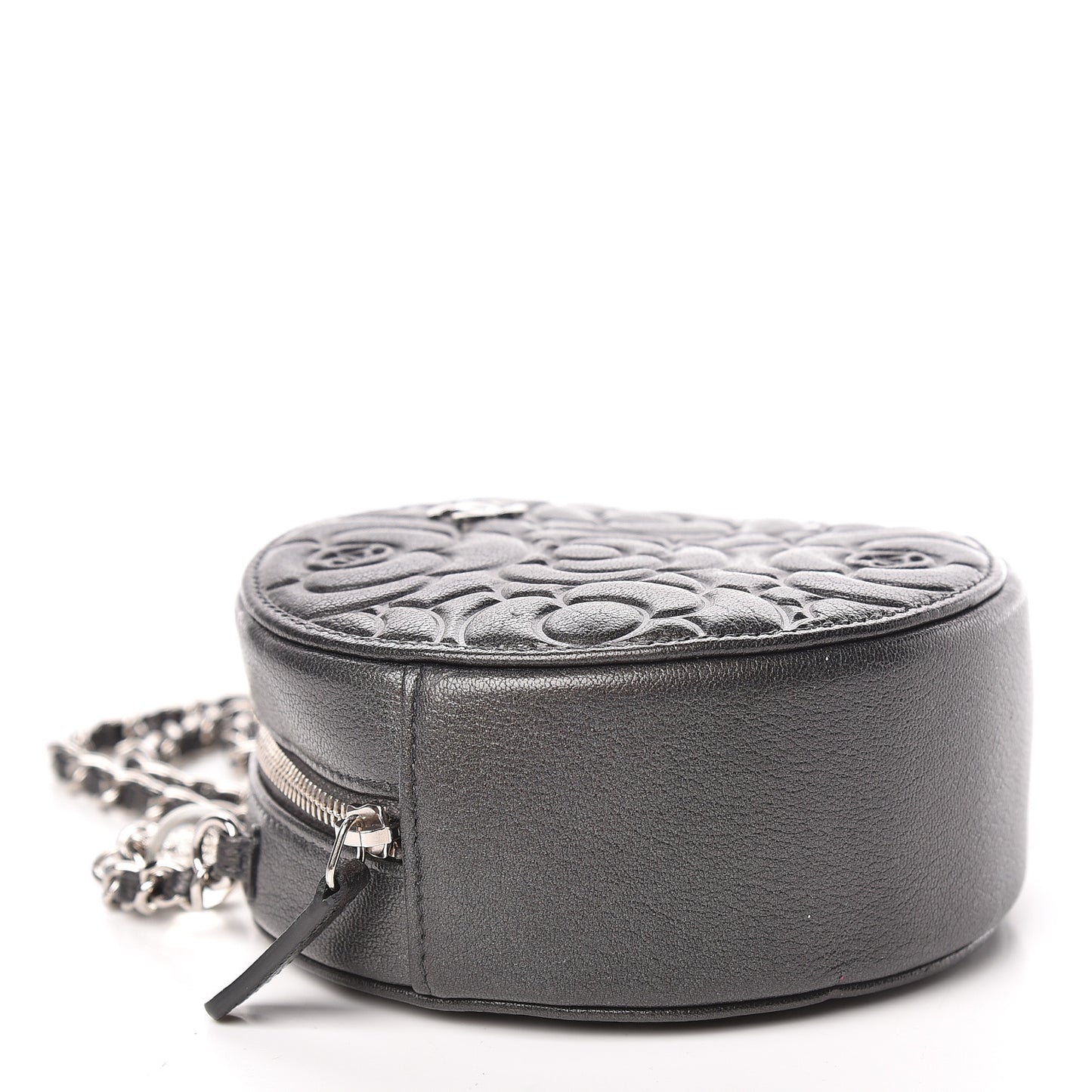 Goatskin Camellia Quilted Round Clutch With Chain Grey