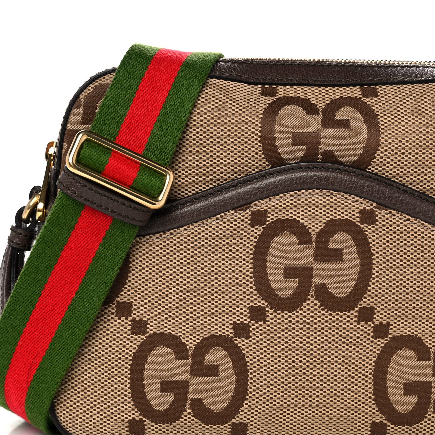 Monogram Jumbo GG Textured Dollar Calfskin Web Messenger Shoulder Bag Camel Ebony New Acero
