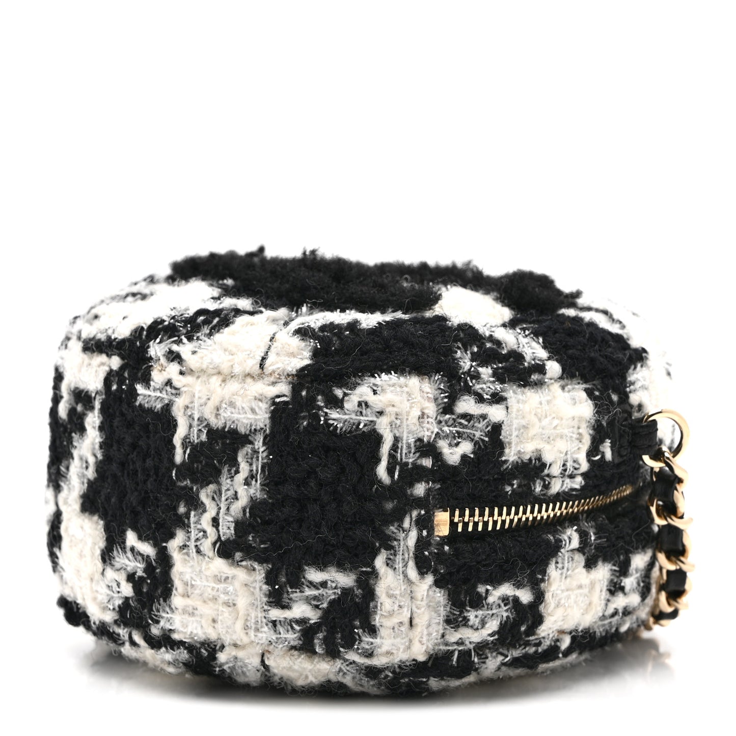 Wool Tweed Lambskin Quilted Round Clutch With Chain and Coin Purse Black White