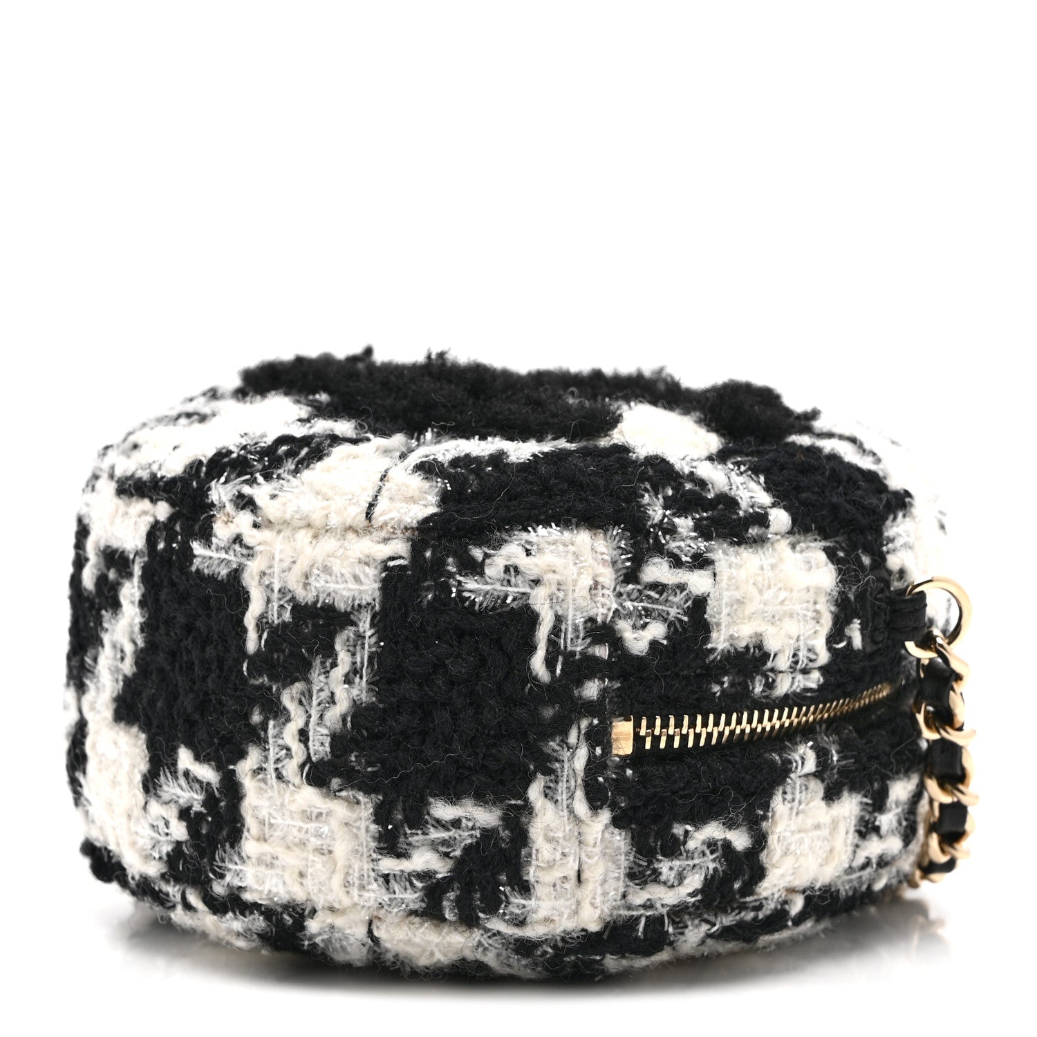 Chanel Wool Tweed Lambskin Quilted Round Clutch With Chain and Coin Purse Black White 11 of 11