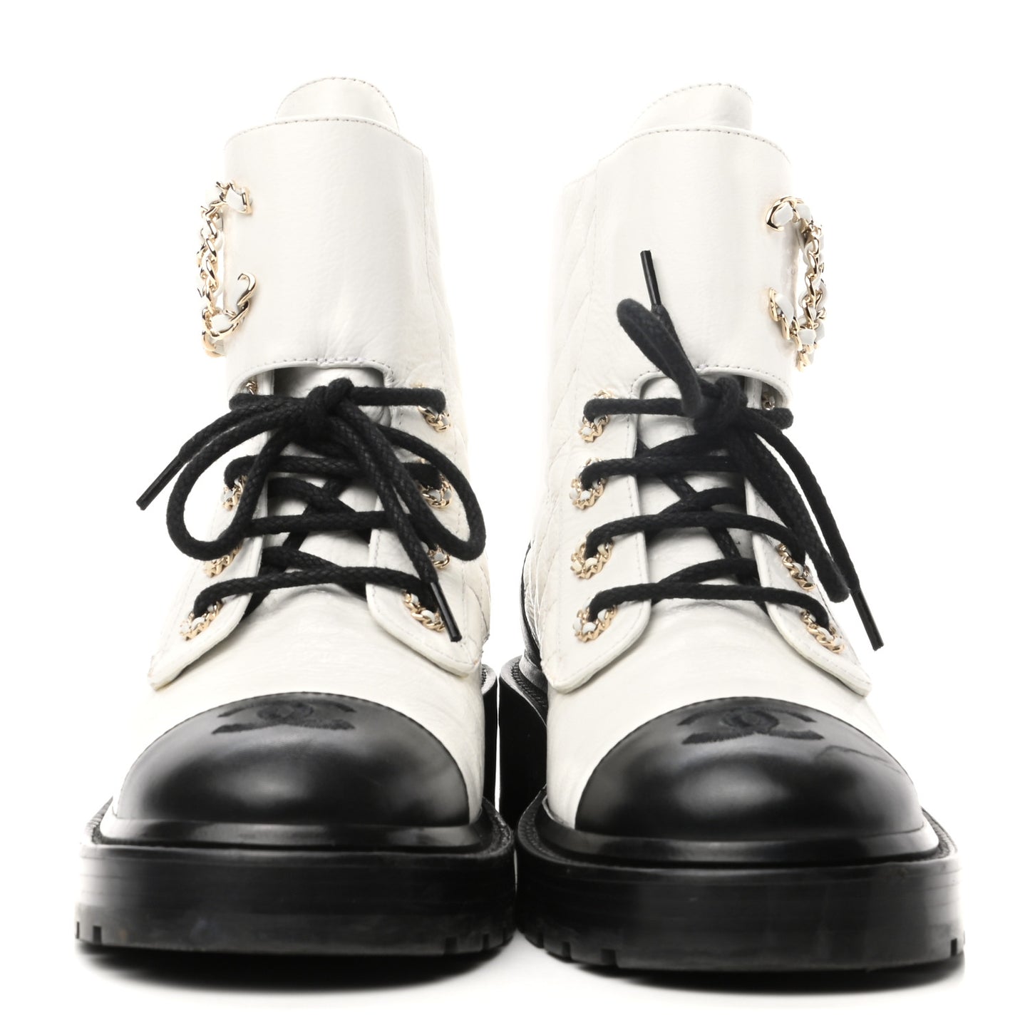 Shiny Goatskin Calfskin Quilted Lace Up Combat Boots 37.5 White Black