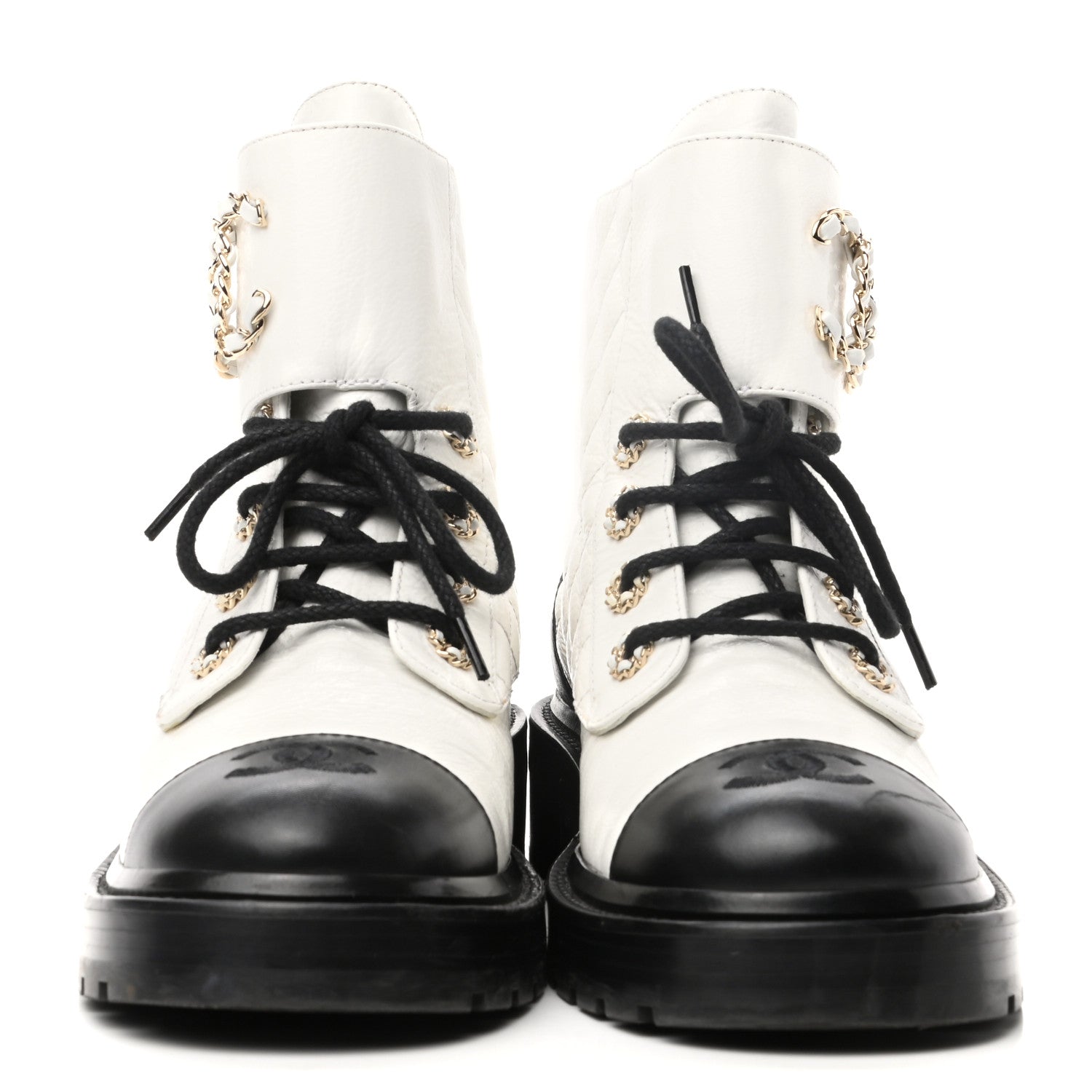 Chanel Shiny Goatskin Calfskin Quilted Lace Up Combat Boots 37.5 White Black 2 of 9