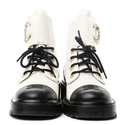 Chanel Shiny Goatskin Calfskin Quilted Lace Up Combat Boots 37.5 White Black 2 of 9