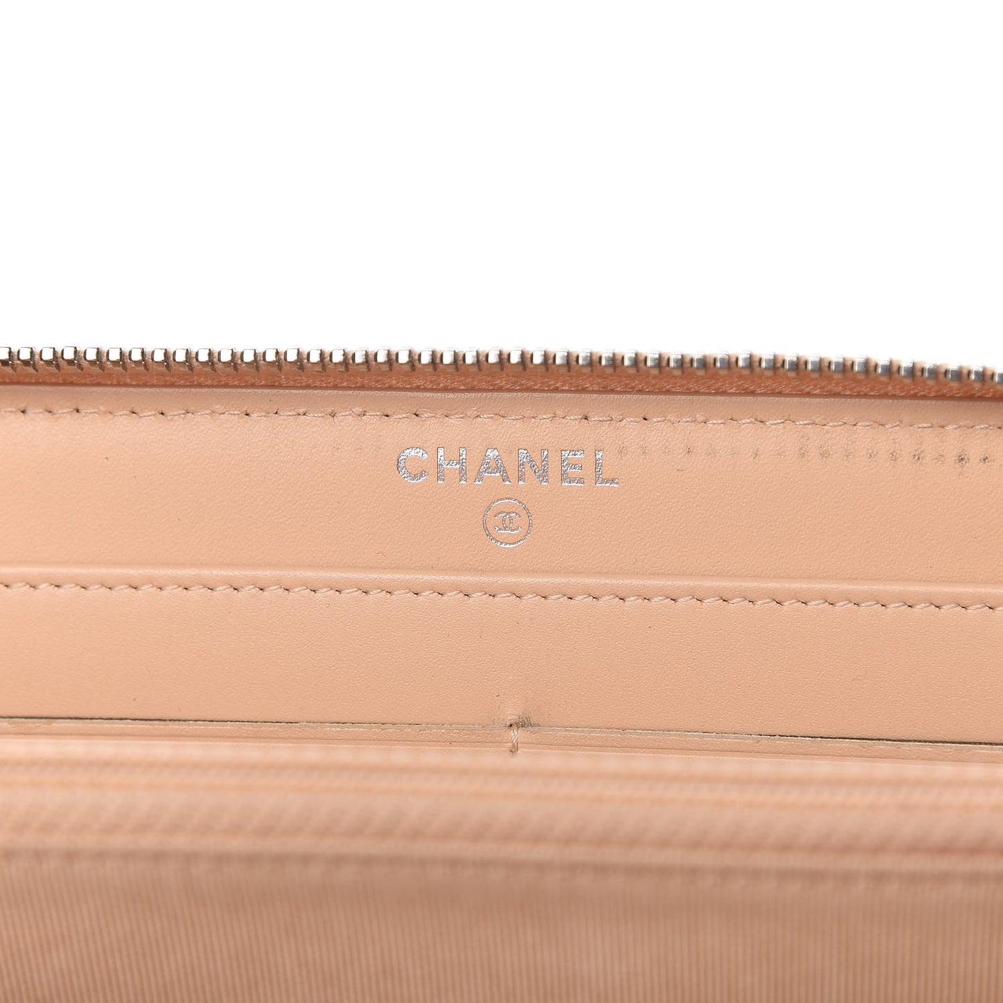 Patent Chevron Quilted Zip Around Wallet Beige