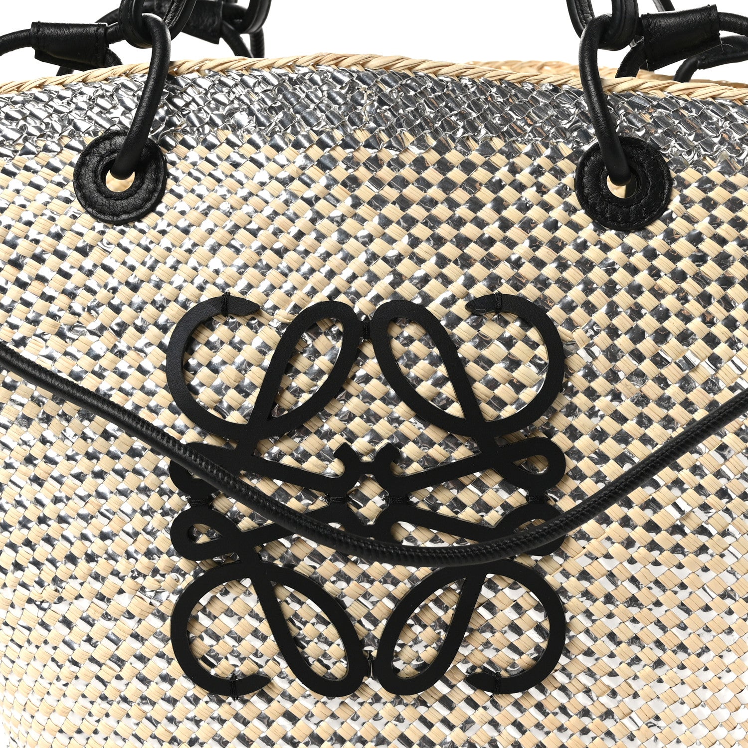 Loewe Calfskin Raffia Paulas Ibiza Sparkling Metallic Anagram Basket Tote Bag Natural Silver 7 of 9