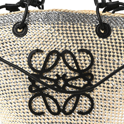 Loewe Calfskin Raffia Paulas Ibiza Sparkling Metallic Anagram Basket Tote Bag Natural Silver 7 of 9