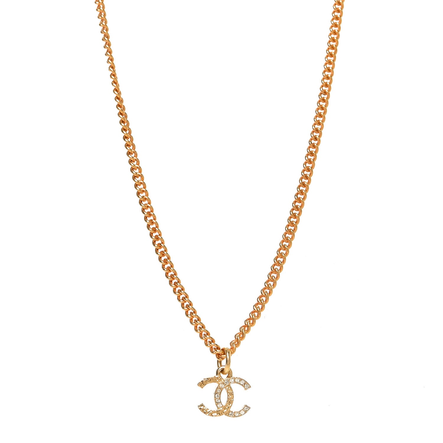 Chanel Metal Textured Crystal CC Necklace Gold 1 of 4
