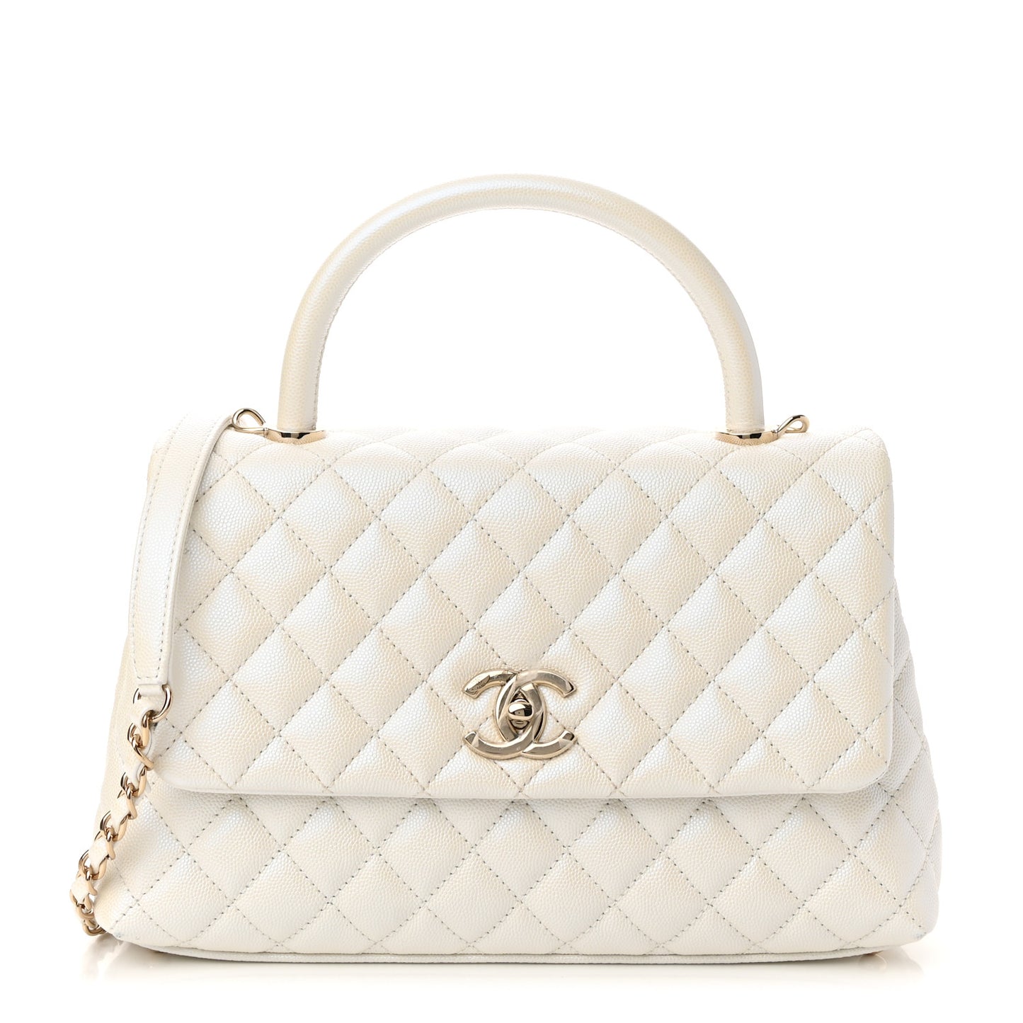 Iridescent Caviar Quilted Small Coco Handle Flap White