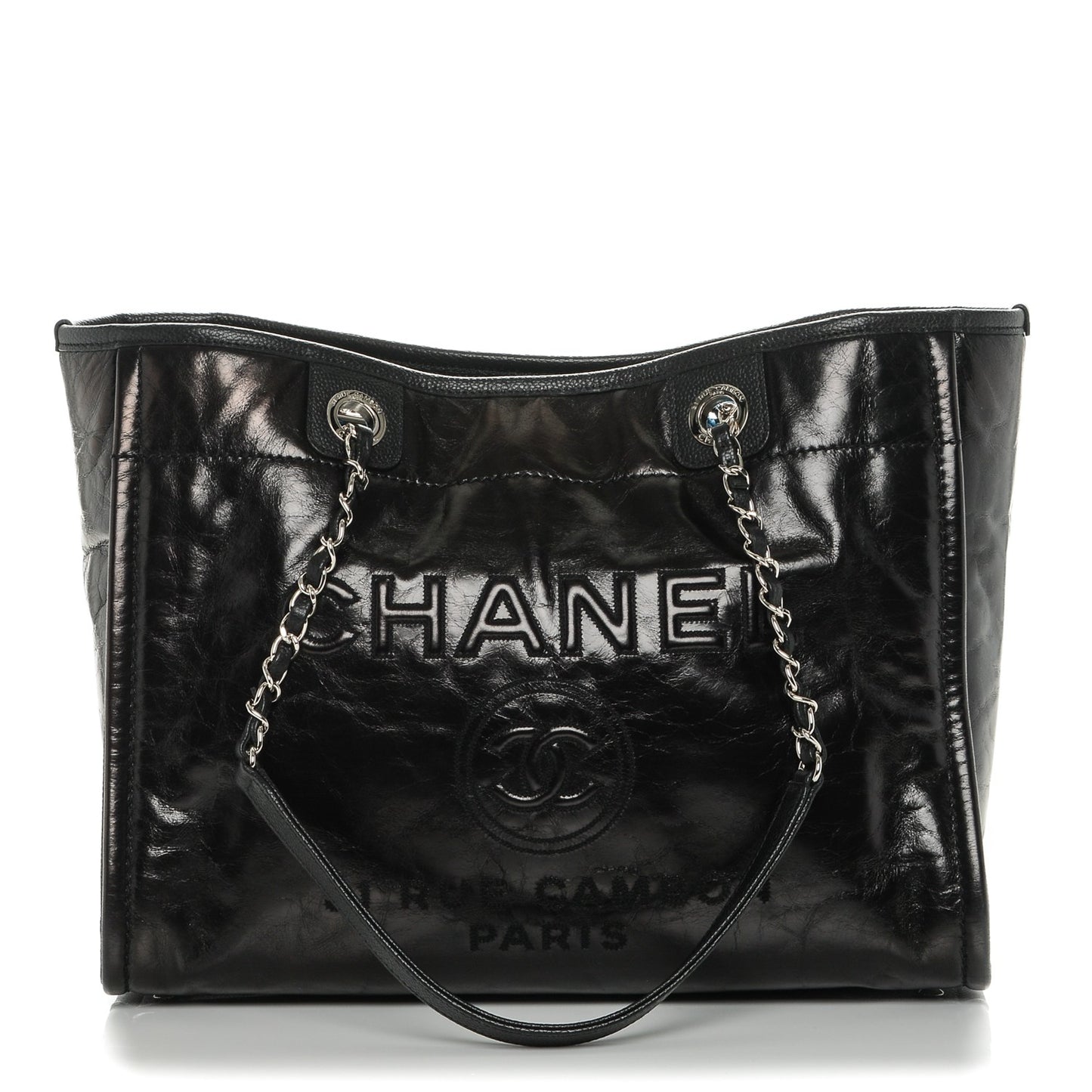 Glazed Calfskin Small Deauville Tote Black