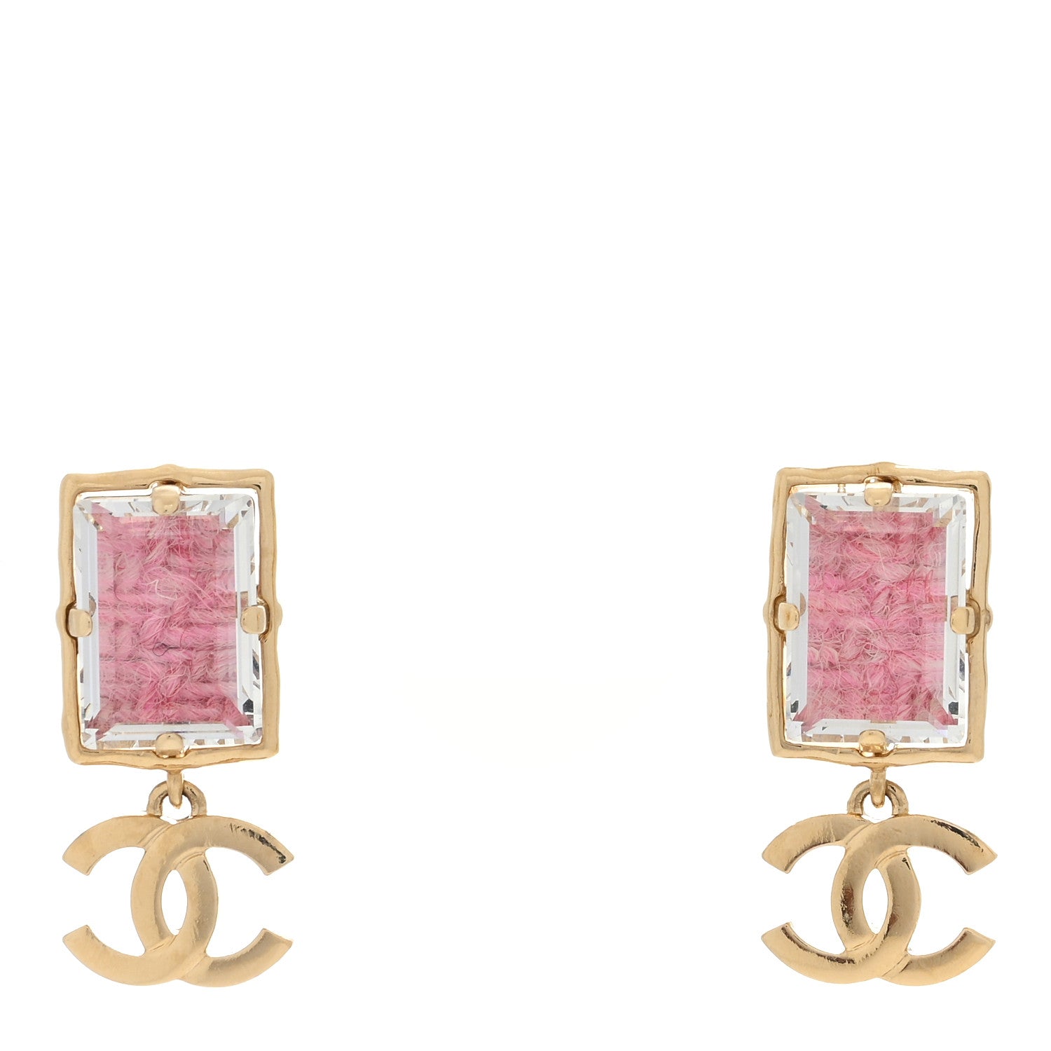 Chanel Crystal Tweed CC Drop Earrings Pink Gold 1 of 4