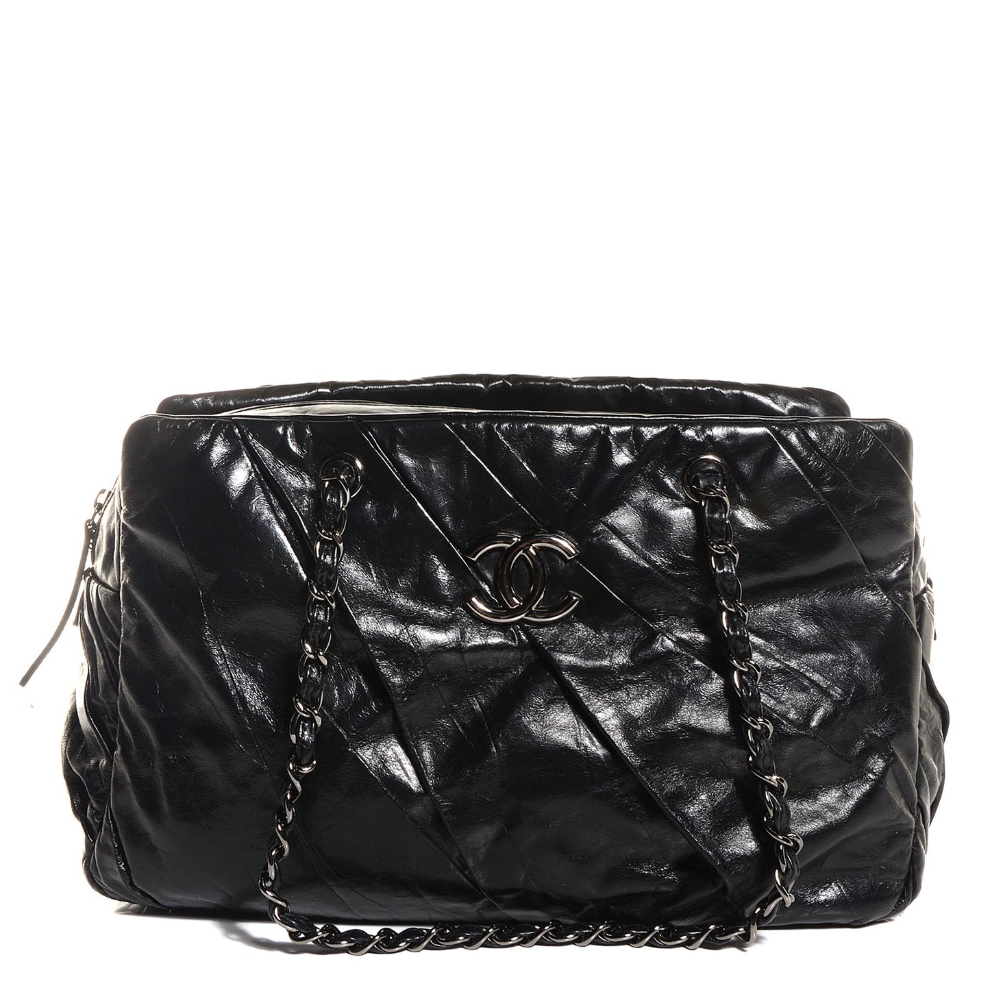Glazed Calfskin Twisted Large Tote Black