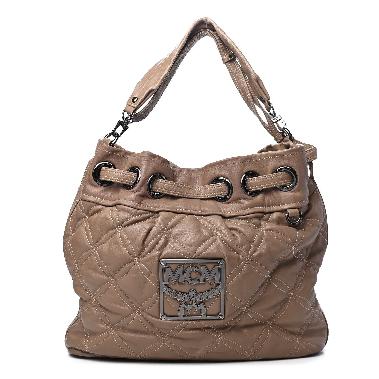 MCM Calfskin Quilted Bucket Bag Beige 1 of 11