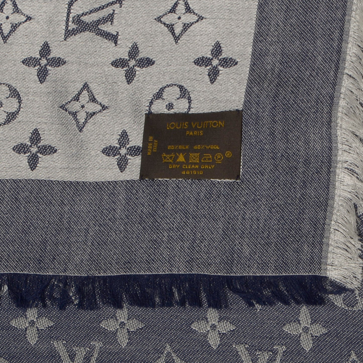 Silk Wool Monogram Denim Shawl Blue