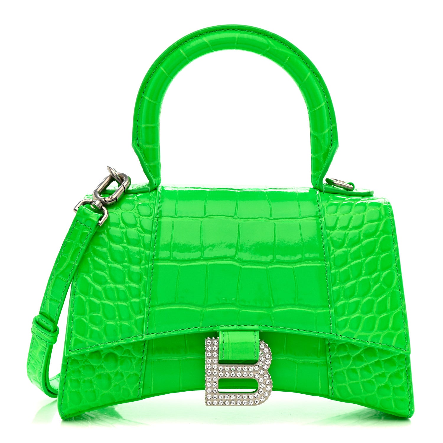 Balenciaga Shiny Calfskin Strass Crocodile Embossed Hourglass Top Handle Bag XS Fluo Green 1 of 13