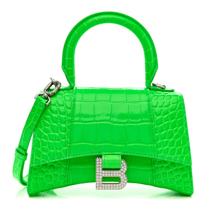 Balenciaga Shiny Calfskin Strass Crocodile Embossed Hourglass Top Handle Bag XS Fluo Green 1 of 13