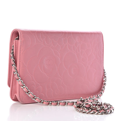 Chanel Lambskin Camellia Embossed Wallet On Chain WOC Pink 3 of 16