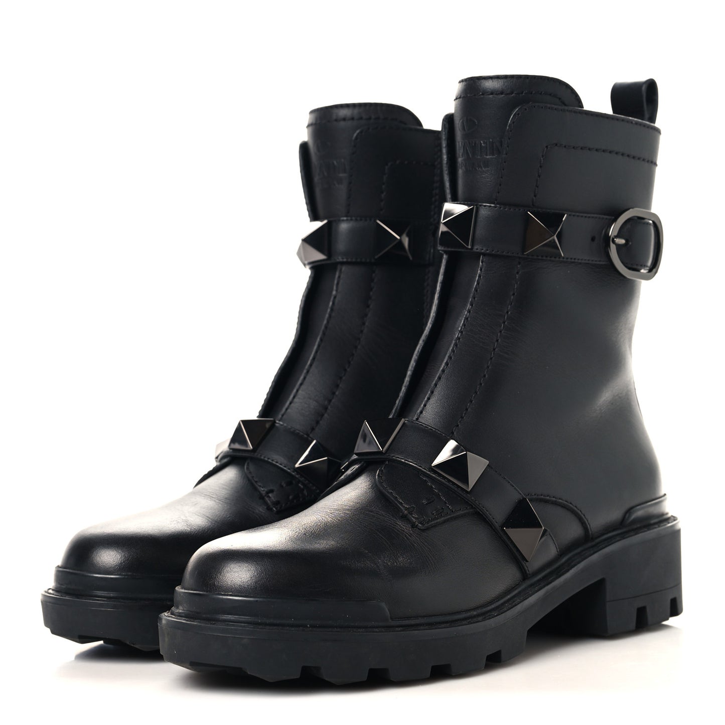 Calfskin Tonal Roman Stud 20/40mm Combat Boots 36.5 Black