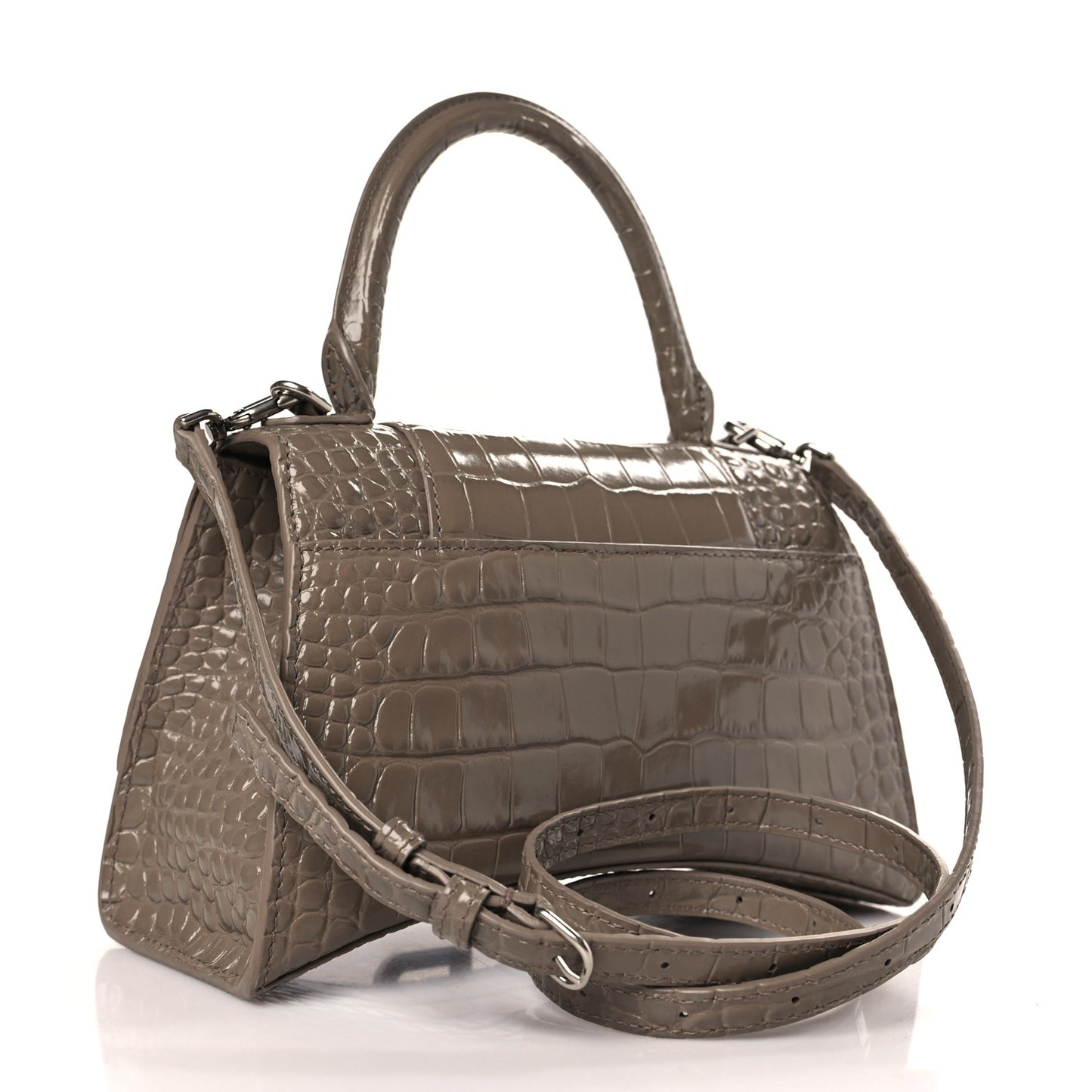 Shiny Calfskin Crocodile Embossed Small Hourglass Top Handle Bag Mink Grey