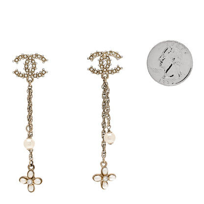 Chanel Pearl Chain Camellia CC Drop Earrings Pearly White Gold 2 of 4