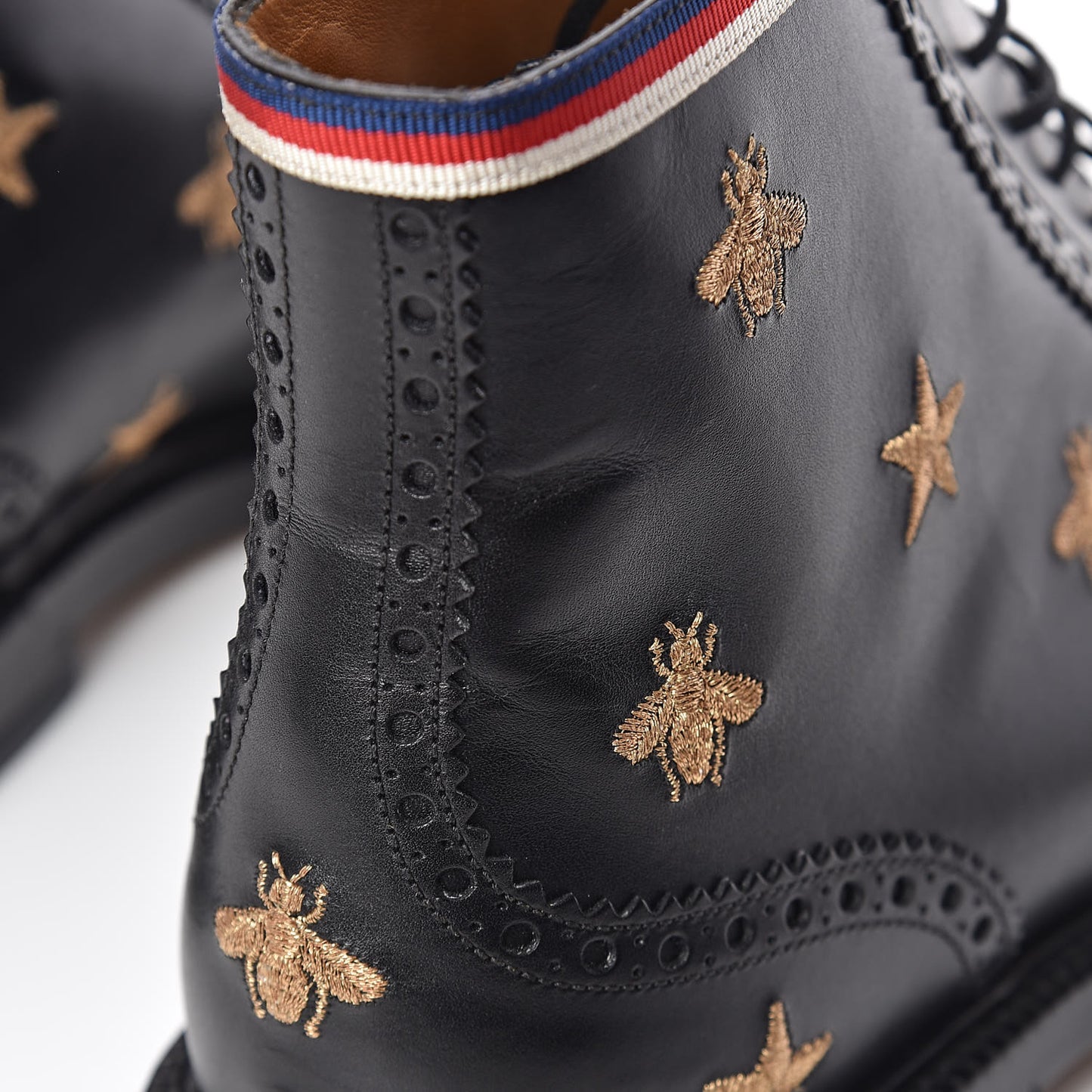 Calfskin Sylvie Web Bee Star Embroidered Mens Brogue Captoe Boots 7.5 Black