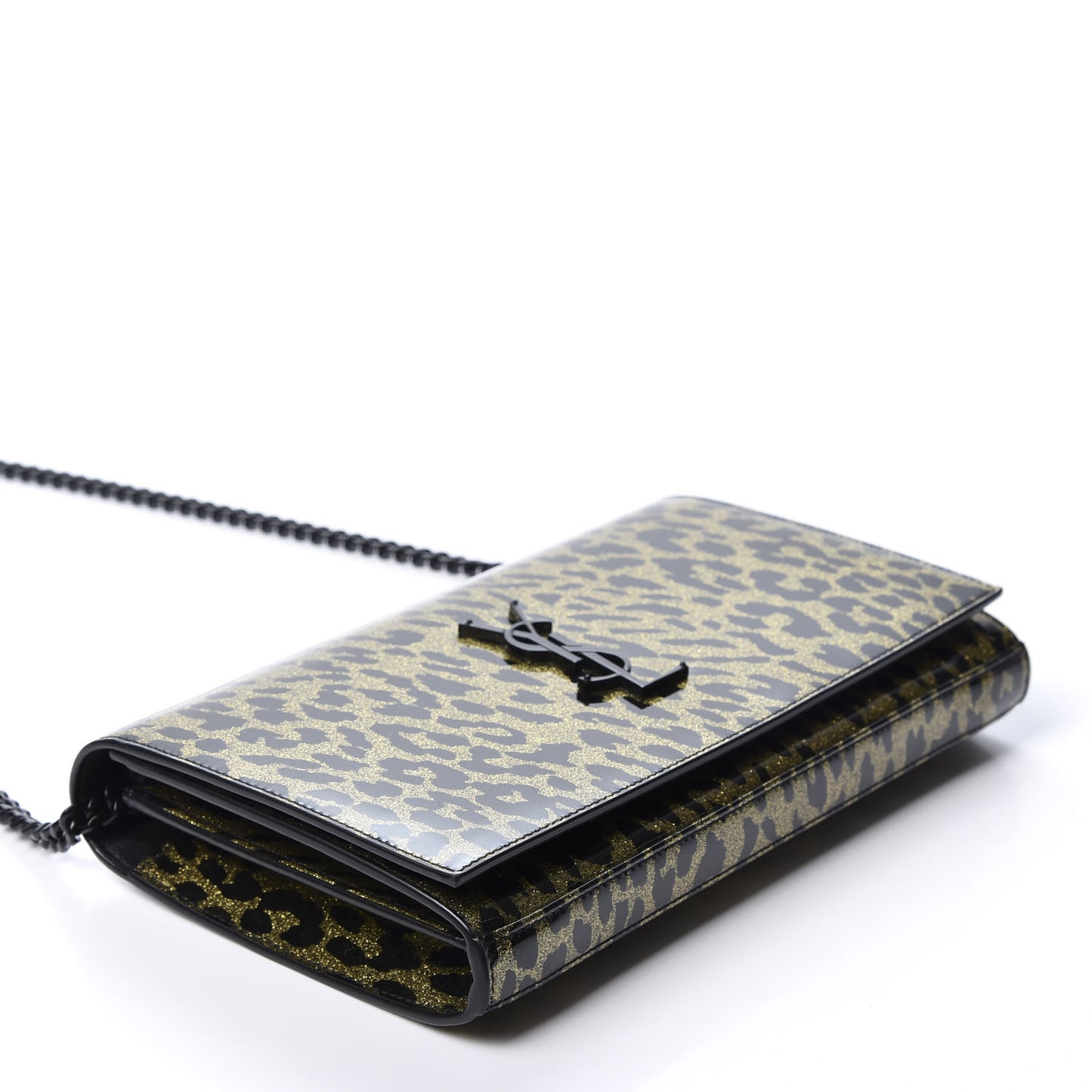 Patent Leopard Print Monogram Chain Wallet Black Gold