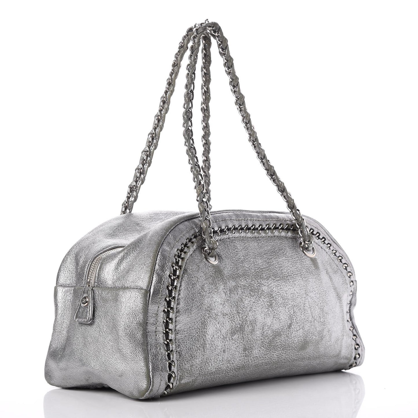 Metallic Goatskin Medium Luxe Ligne Bowler Tote Silver