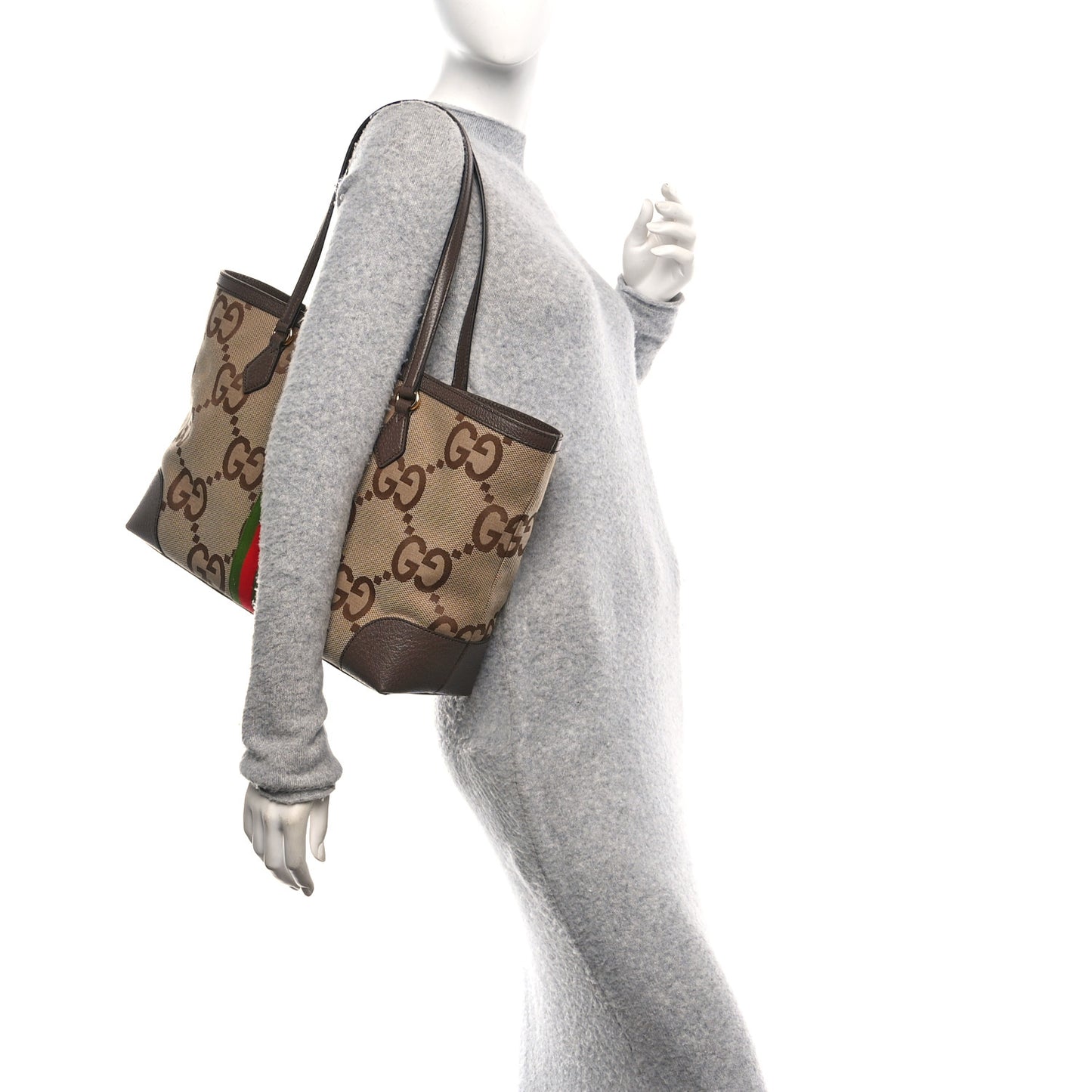 Monogram Jumbo GG Textured Dollar Calfskin Web Medium Ophidia Shopping Tote Camel Ebony