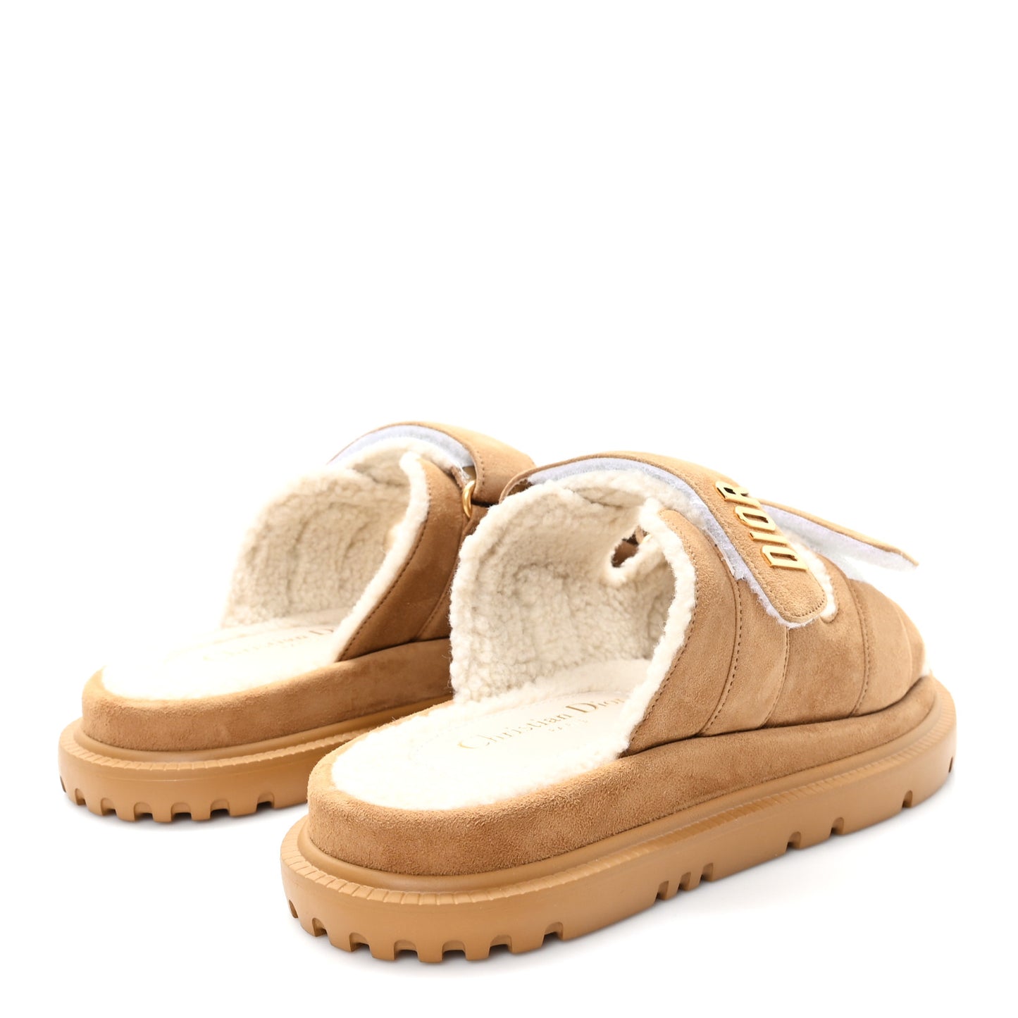 Suede Goatskin Shearling Dioract 10mm Slide Sandals 38.5 Chestnut