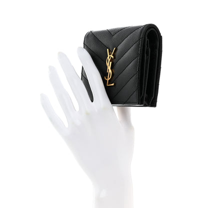 Saint Laurent Grain De Poudre Matelasse Chevron Monogram Flap Card Case Black 2 of 8