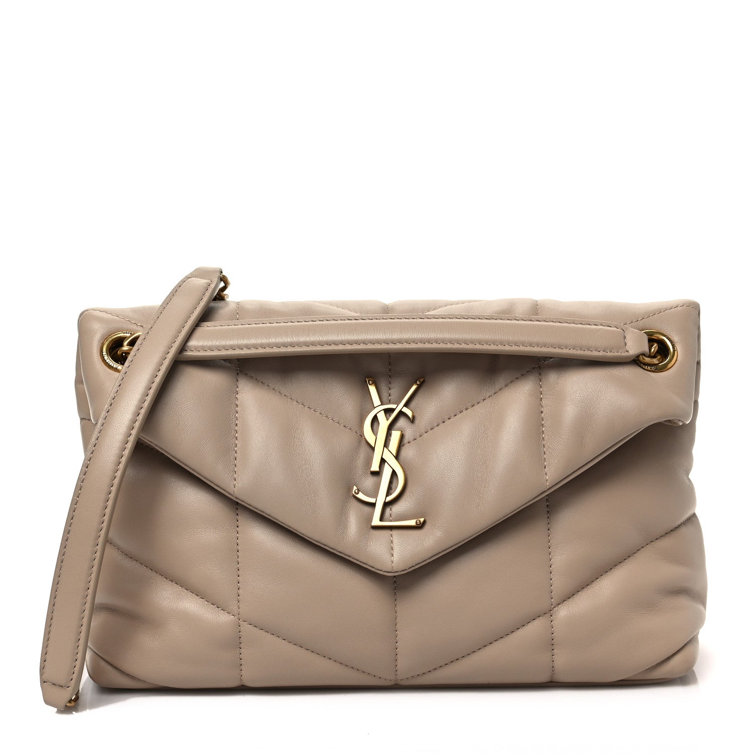 Saint Laurent Lambskin Quilted Small Loulou Puffer Monogram Chain Satchel Dark Beige 1 of 7