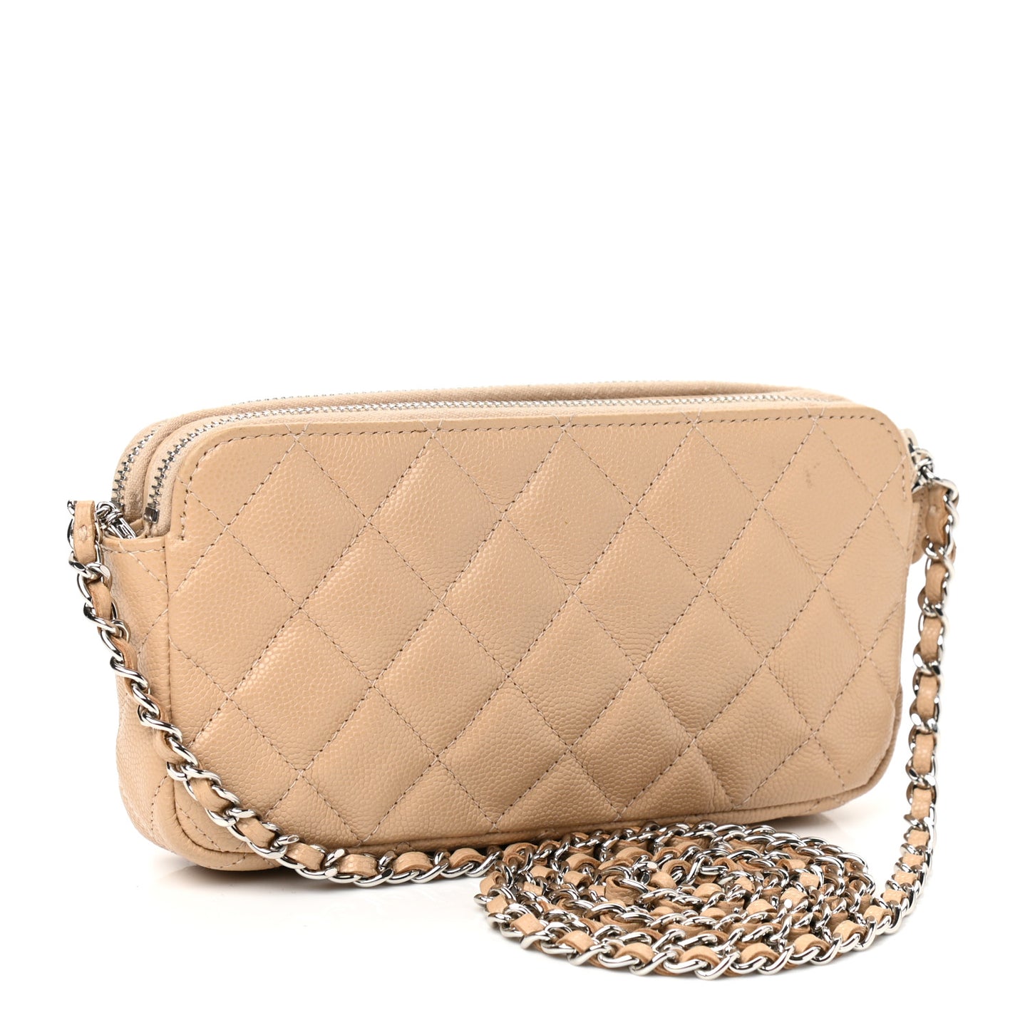 Caviar Quilted Small Clutch With Chain Beige