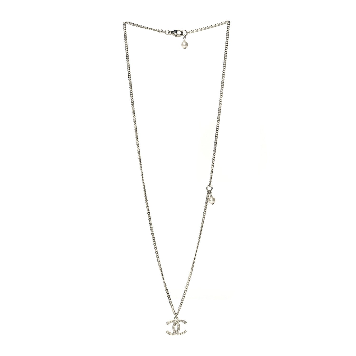 Chanel Crystal Pearl CC Pendant Necklace Silver 3 of 5